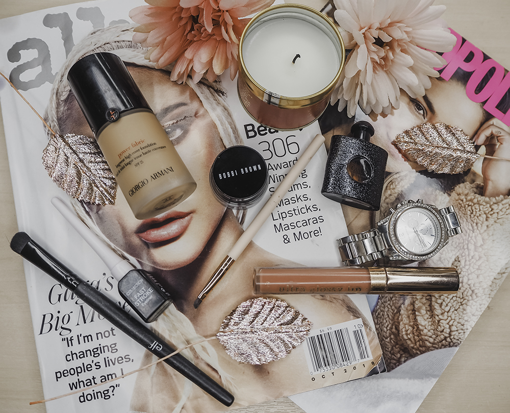 Makeup products flatlay