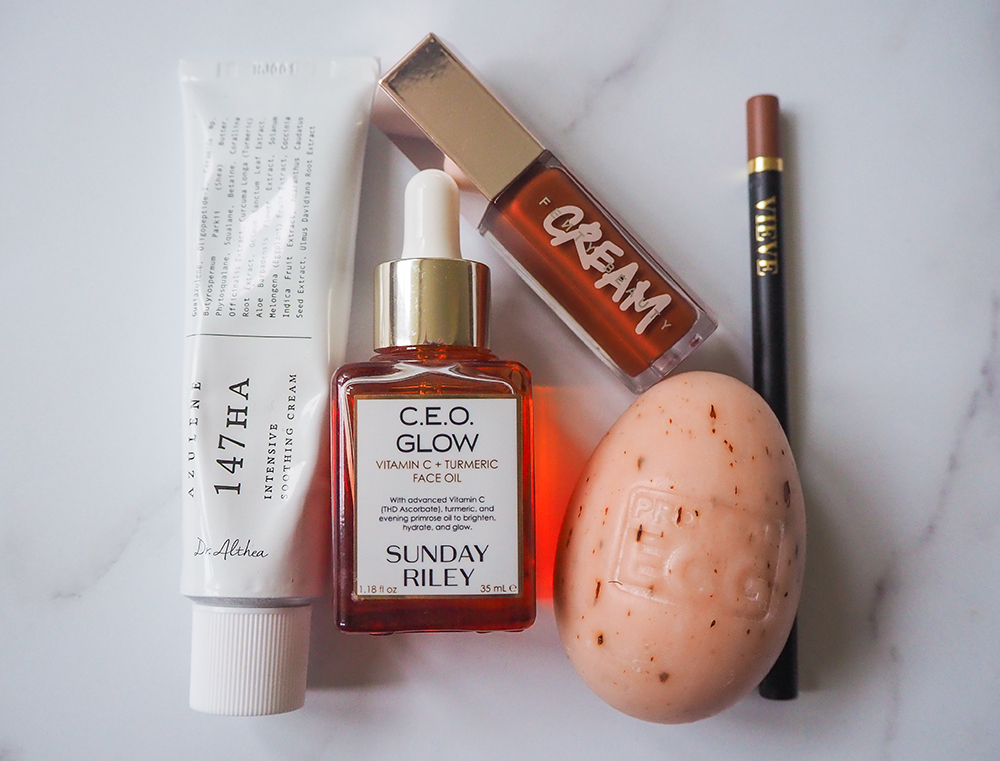 Skincare and makeup products flatlay