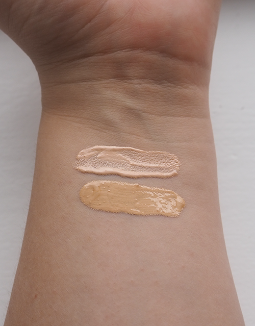 e.l.f. Cosmetics Halo Glow Liquid Filter and Charlotte Tilbury Hollywood Flawless Filter shade 2 swatches